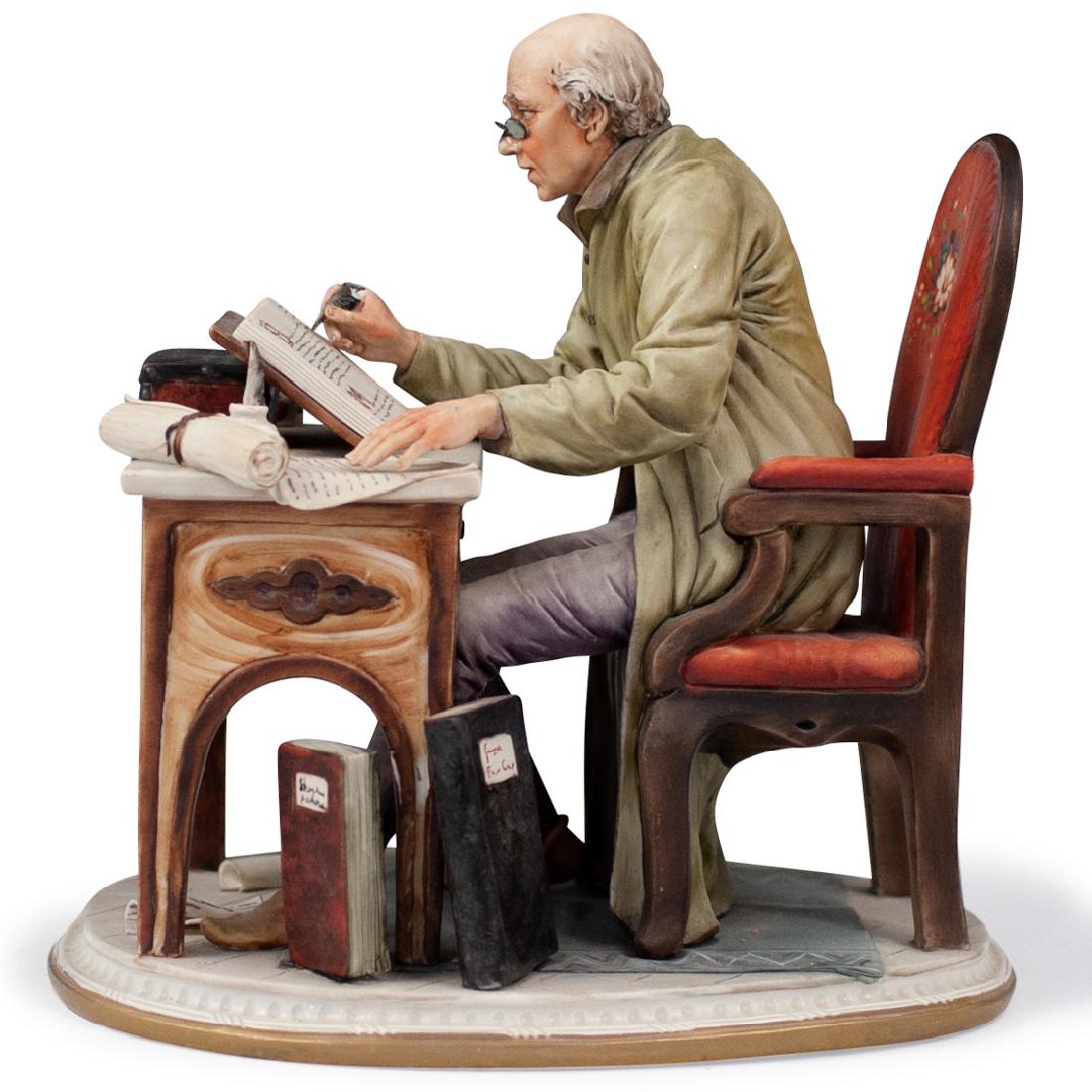 Signed Capodimonte Porcelain Sculpture: DESCRIPTION: A Capodimonte sculpture in overall bisque porcelain depicts an author writing in a book, completed with hand painted finishes. Signed at the base "D. Bonallelti" and marked on the undersi