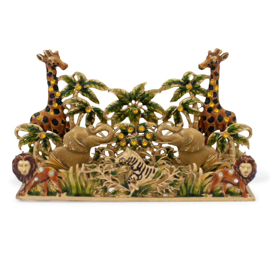 Brass Letter Holder: DESCRIPTION: A Brass letter holder depicting several African safari animals including giraffes, elephants, lions and zebras, ornamented with small gemstones. CIRCA: 20th Century ORIGIN: DIMENSIONS: H.