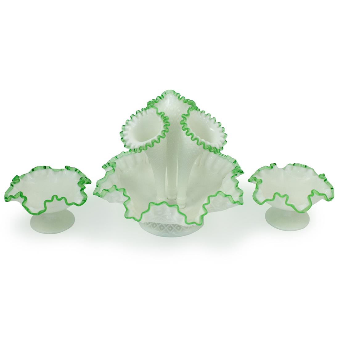 (3 Pc) Fenton Glass and Emerald Crest Pedestal Bowl (1 of 4)