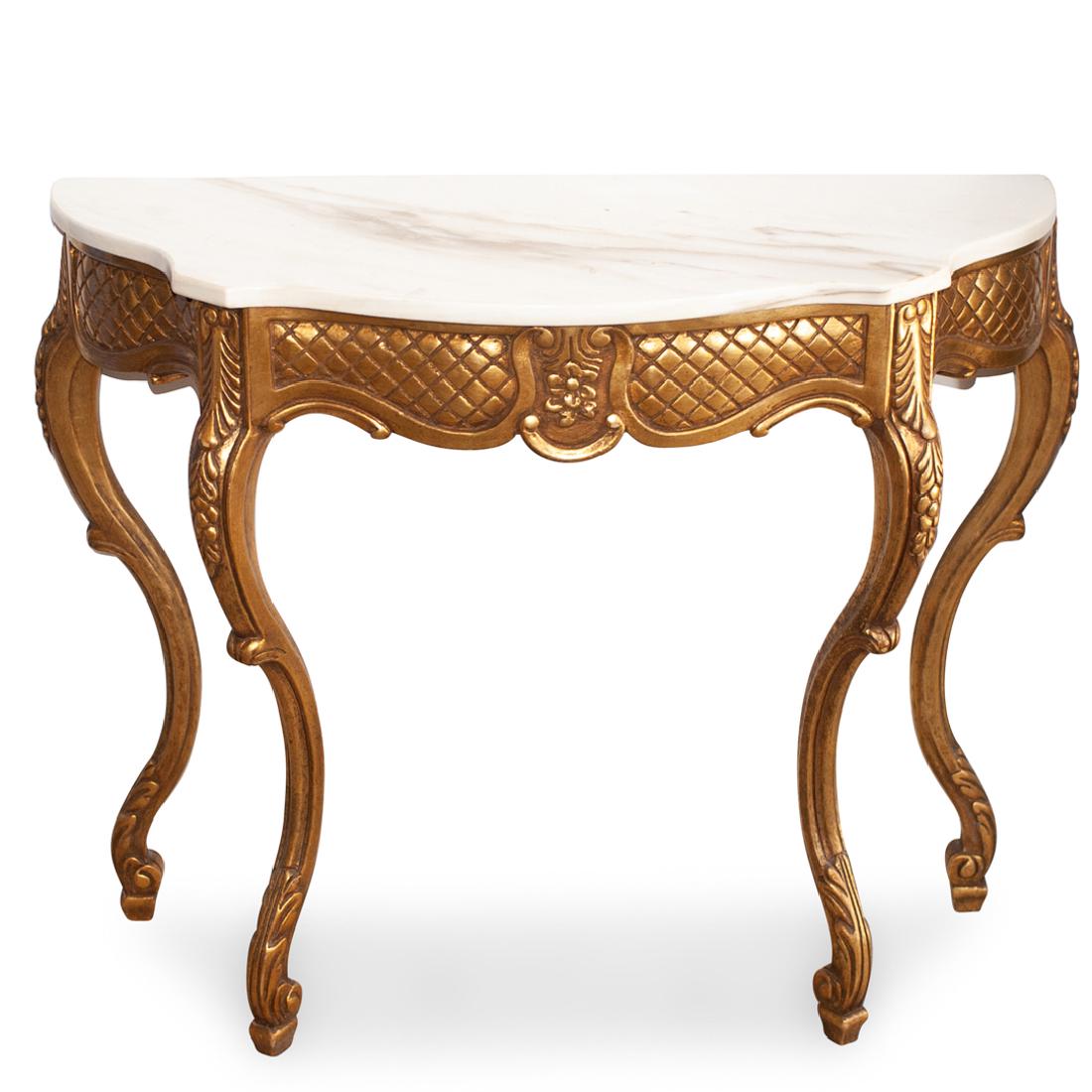 Marble Top and Wood Wall Unit: DESCRIPTION: A wood and marble wall unit features a gilded ornate frame, completed with a white marble top. CIRCA: Early-Mid 20th Cent. ORIGIN: Italy DIMENSIONS: H: W: CONDITION: Great condition. See 