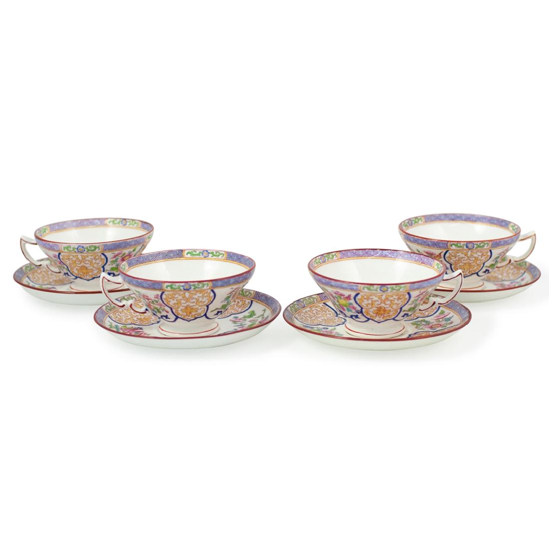 (4 Pc) Mintons Porcelain Teacups and Saucers: DESCRIPTION: A Set of four porcelain Mintons teacups with saucers. Embellished along the body with multicolored flowers and ornate designs. Marked along the underside "Minton England" CIRCA: 20th Cent