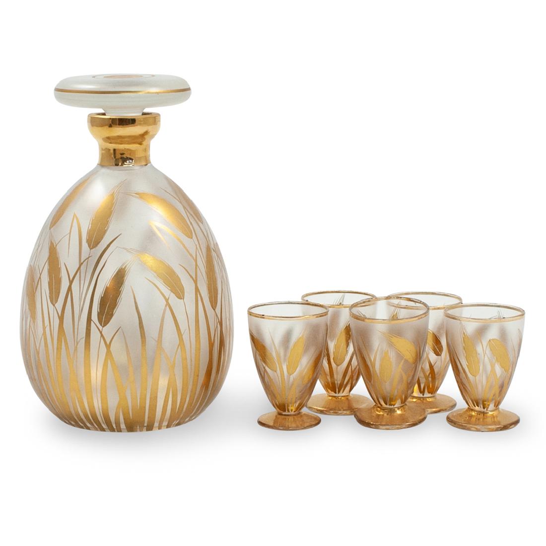 (6 Pc) Enamel and Frosted Glass Liquor Set (1 of 3)