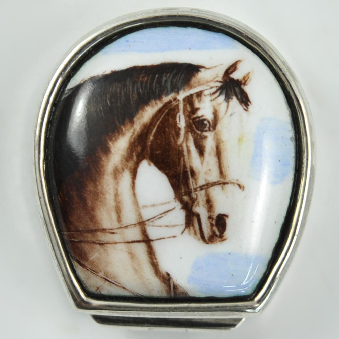 Sterling Silver Equestrian Pill Box: DESCRIPTION: A sterling silver pill box embellished along the lid with an enamel painting portraying a horse head, marked along the interior "Sterling" Weight: 24 grams CIRCA: 20th Cent. ORIGIN: Possi