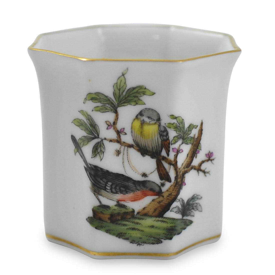 Herend "Rothschild" Toothpick Holder: DESCRIPTION: A Herend porcelain toothpick holder. Features "Rothschild" pattern along the body with gilded trims, stamped along the underside with Herend stamps. CIRCA: 20th Cent. ORIGIN: Hungary DIME