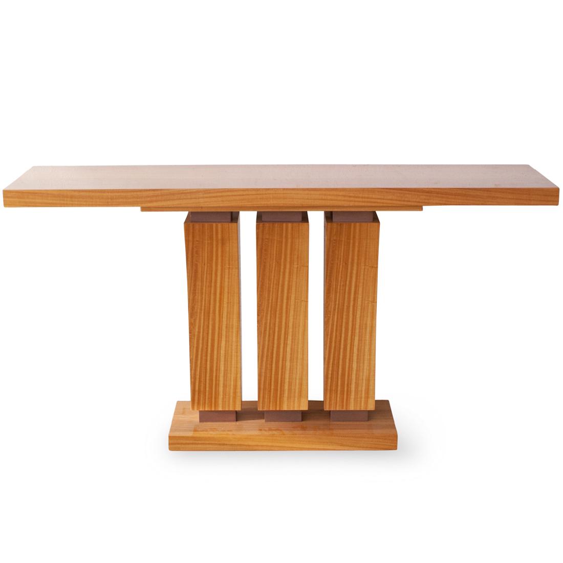 Art Deco Style Satinwood Console Table: DESCRIPTION: An Art Deco Style satinwood console table. Features elongated rectangular top over three vertical supports, resting on rectangular base. CIRCA: 20th Century ORIGIN: DIMENSIONS: H. 32" x L