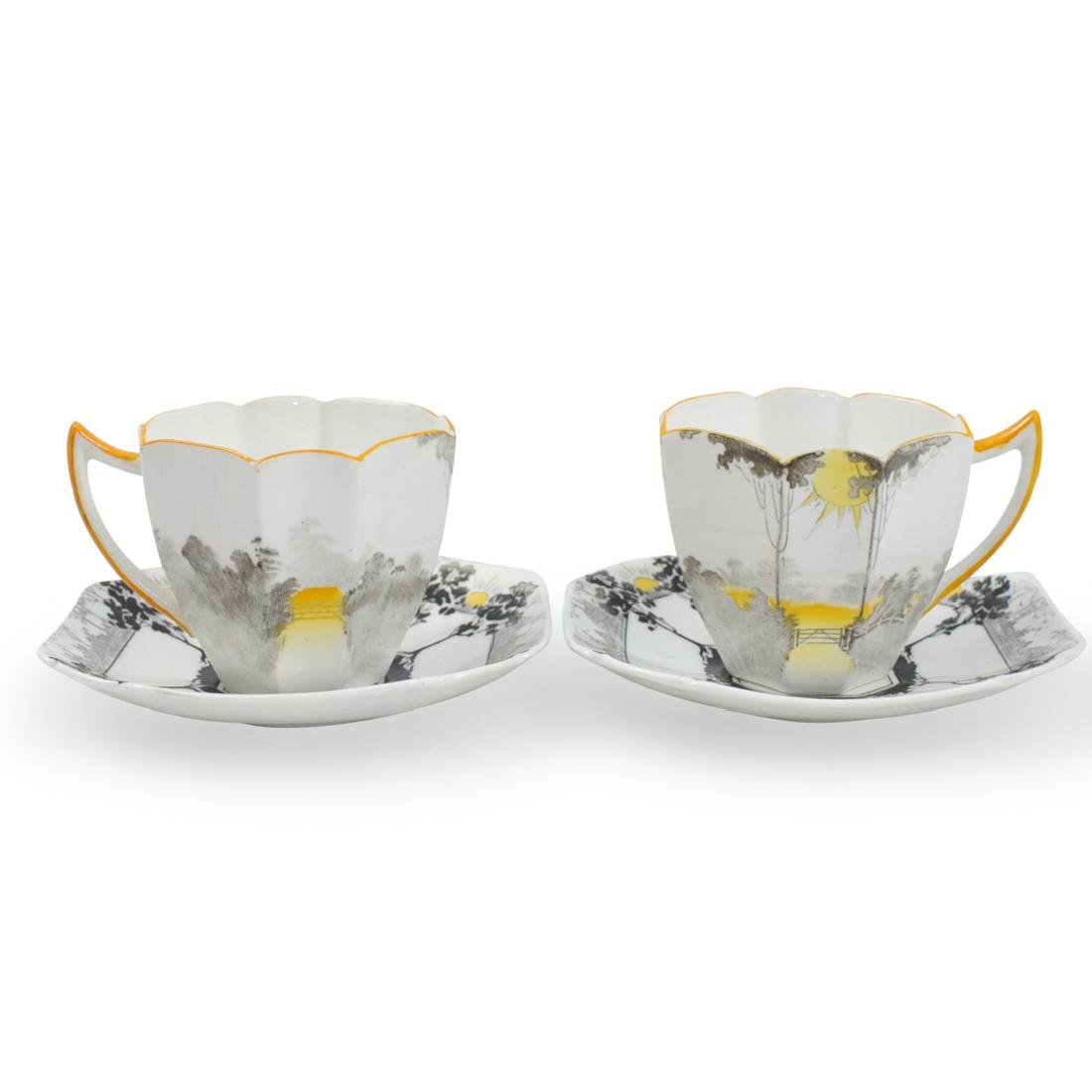 (4 Pc) Shelley Queen Anne Teacups and Saucers: DESCRIPTION: A 4-piece Shelley Bone China tea cup and saucer set. In the "Sunrise and Tall Trees" pattern, number 11678, in the Queen Anne style. Marked on the underside. CIRCA: 20th Century ORIGIN: E
