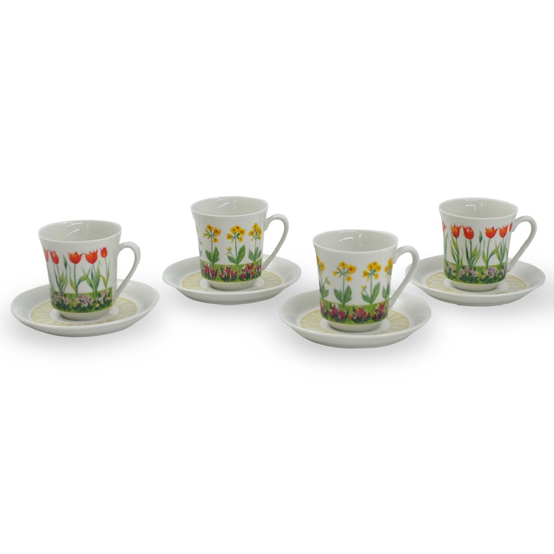 (8 Pc) Villeroy and Boch Luxembourg Teacups and Saucers: DESCRIPTION: An 8-piece Villeroy and Boch Luxembourg tea cups and saucers. Features botanical tulip and daisy flowers on a white ground. Marked on the underside: "Villeroy and Boch Luxembourg Porcelai