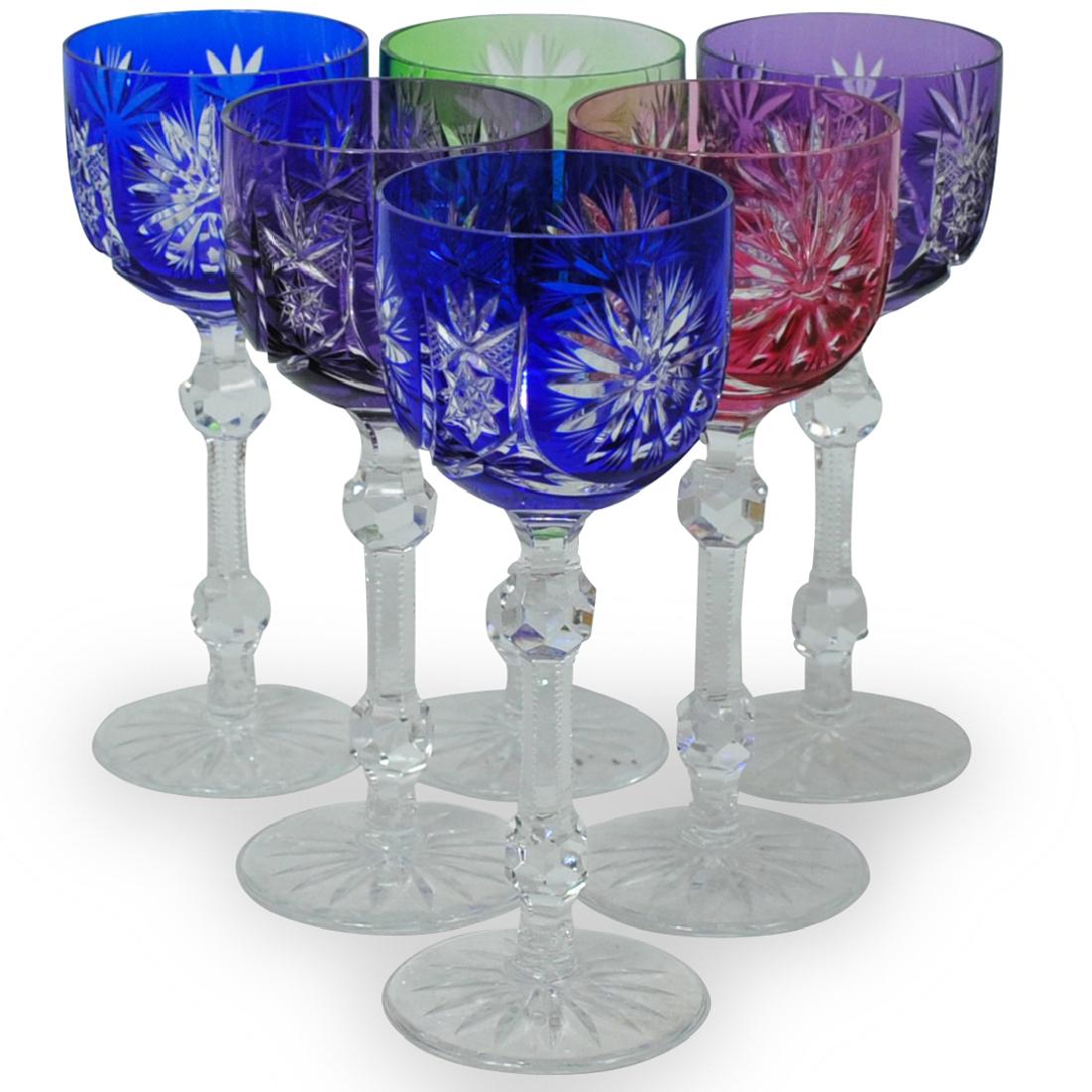 (6 Pc) Bohemian Cut Clear Crystal Wine Glasses: DESCRIPTION: A Set of 6 multi-colored bohemian cut to clear crystal wine glasses. Each depicts hobstar and starburst motif cuts on the crystal. No apparent markings. CIRCA: 20th Century ORIGIN: Possib