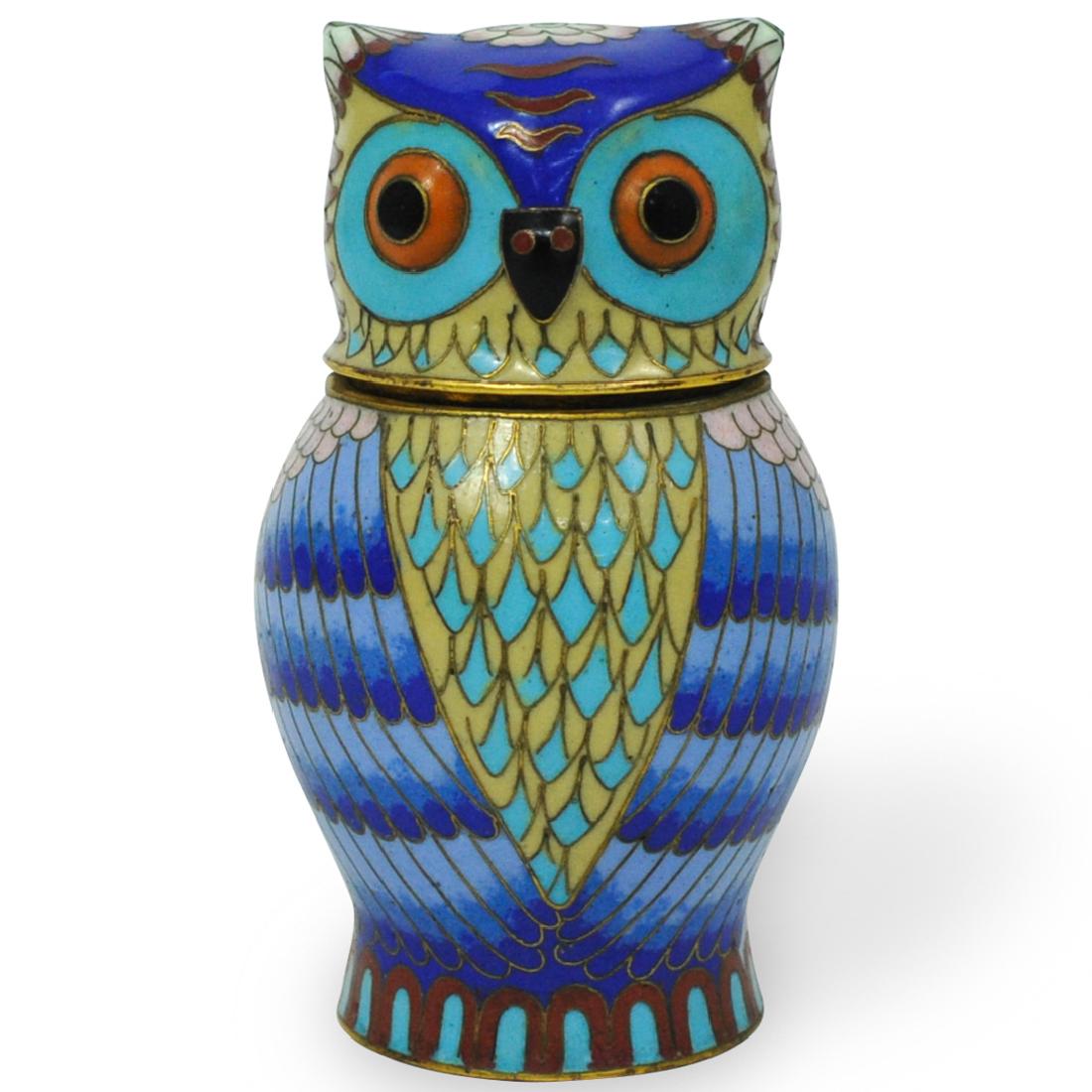 Chinese Cloisonne Enamel Owl Jar: DESCRIPTION: A chinese figural cloisonne jar. In an overall owl motif. The owl is embellished by multi colored enamel motifs of lotus flowers and butterflies, completed with gilded copper wiring. CIRC