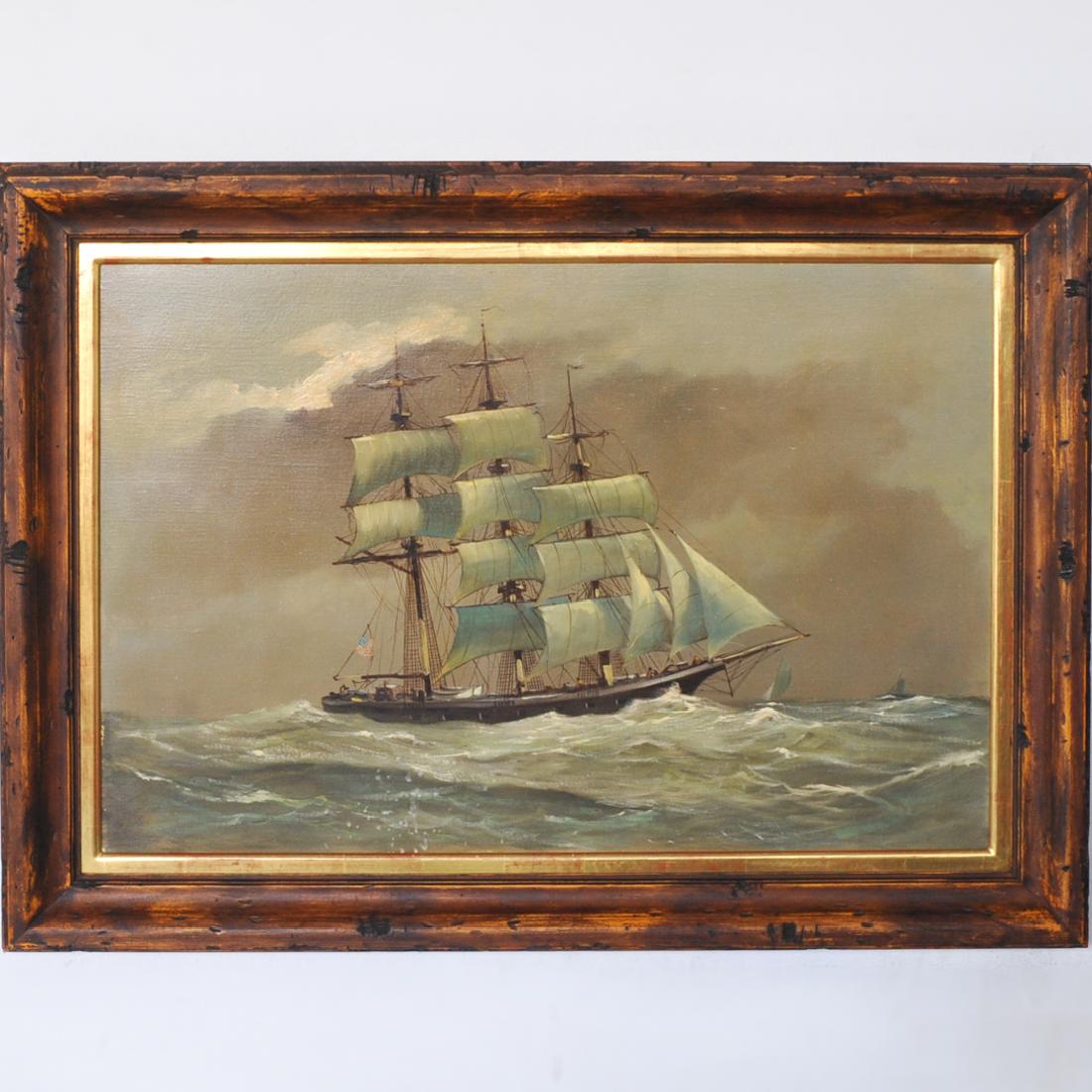 Unsigned Oil on Canvas Ship Painting: DESCRIPTION: A framed oil on canvas painting. Depicting a Clipper ship on rough waters. Unsigned. Framed in a 5" wooden frame. CIRCA: Early 20th Century ORIGIN: USA DIMENSIONS: H. 23.25" x W. 35" COND