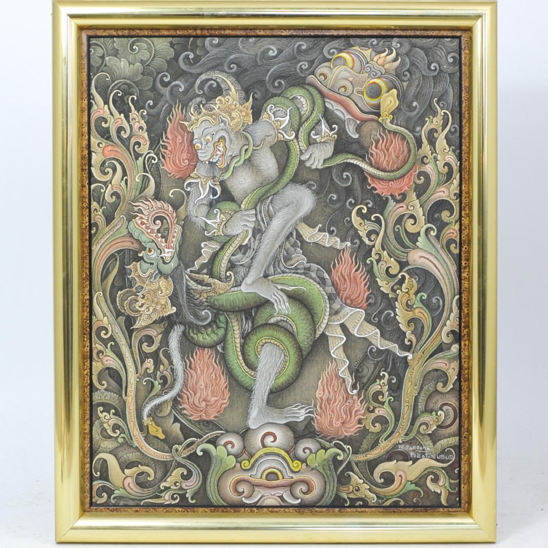 Balinese Painting on Cotton: DESCRIPTION: A Balinese painting on cotton. Depicts a mythological creature and a dragon within of landscape of fire, waves and flowers. Signed lower right, "Nj Dorsotio, Peliatah, Ubud". Framed. CIRC