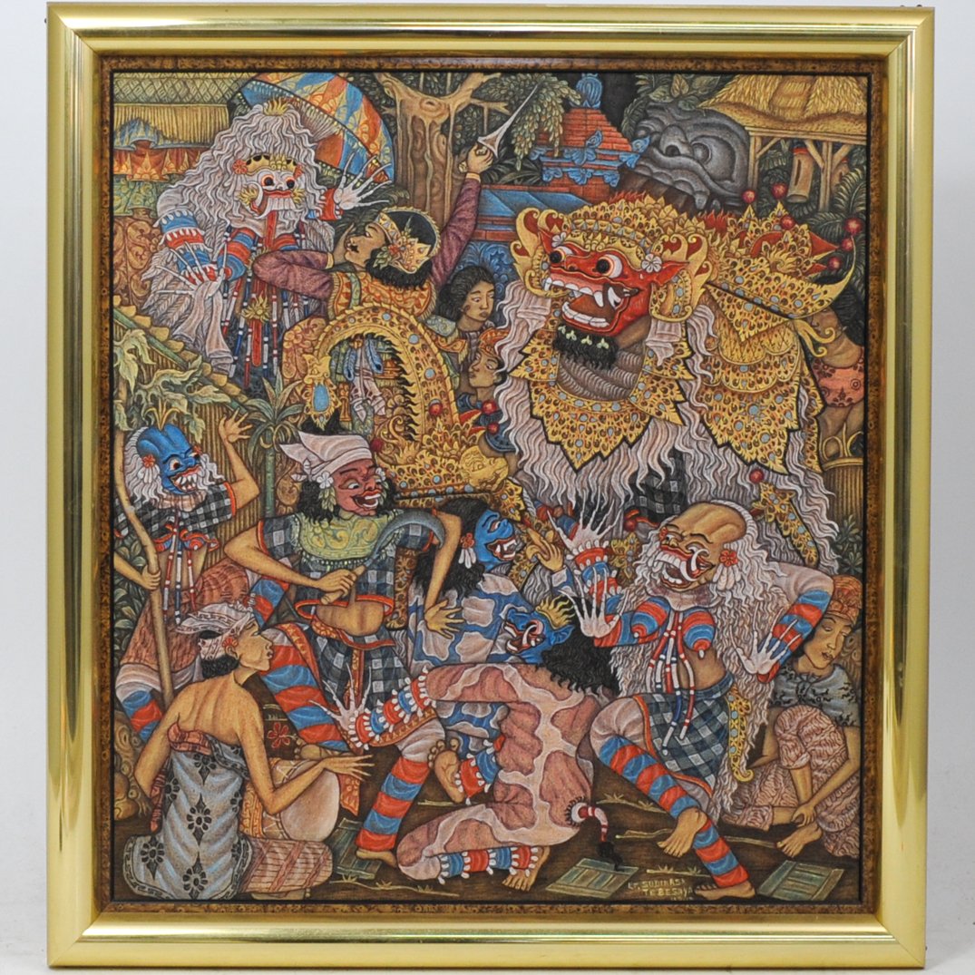 Balinese Painting on Cotton: DESCRIPTION: A Balinese painting on cotton. Depicts dancing figures in a festival setting. Signed lower right, "KT. Sudiarsa Tebesaya, Ubud". Framed. CIRCA: Mid 20th Century ORIGIN: Bali DIMENSIONS: I