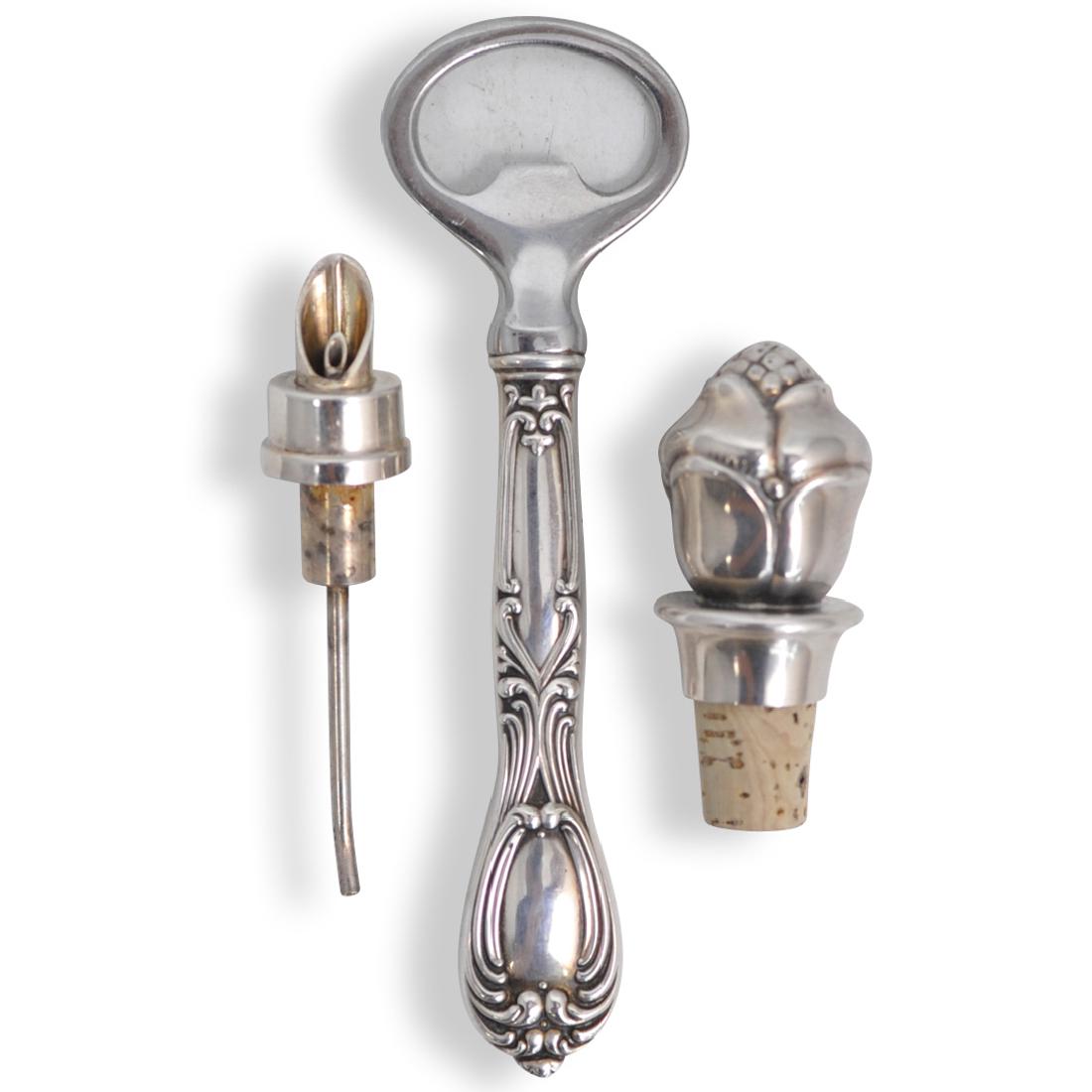 (3 Pc) Sterling Silver Barware: DESCRIPTION: Three sterling silver barware articles. Including: A Whiting and Co Sterling Silver Bottle Opener. With a stainless steel opener with a sterling silver handle. Marked with Frank M Whiting