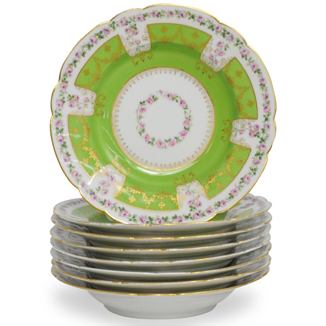 (8 Pc) C. Ahrenfeldt Limoges Porcelain Soup Bowls: DESCRIPTION: Eight Antique C. Ahrenfeldt Limoges for / Tyndale & Mitchell porcelain soup bowls. Each with scalloped gold rim, on a white and light green ground with pink rose motif and gilt decoration