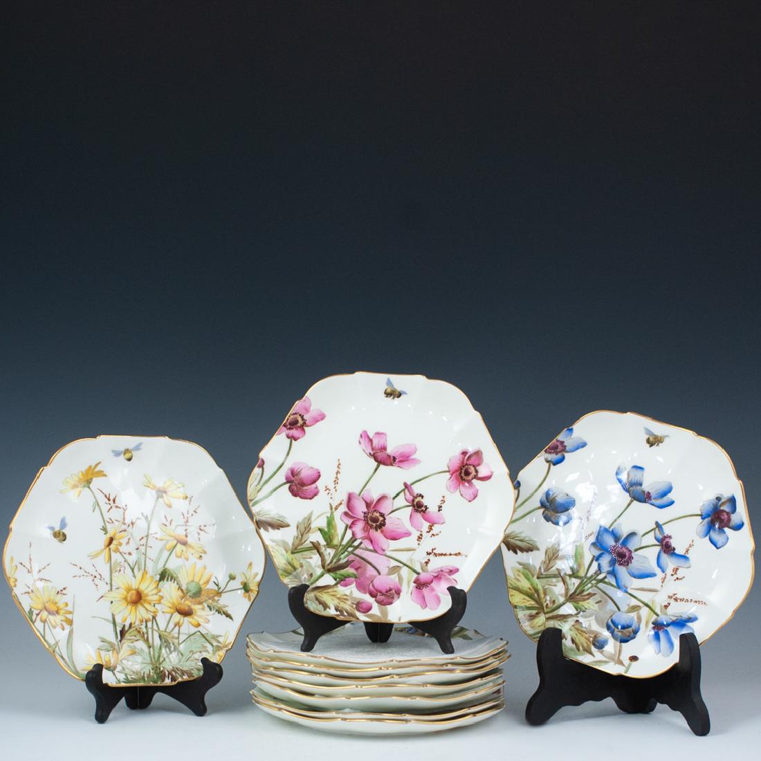 (10) George Jones "Familiar H.O.J. Flowers" Plates: DESCRIPTION: A Set of ten George Jones "Familiar H.O.J. Flowers" porcelain lpates. Embellished with differing floral motifs and finished with gilded trims. Marked along the underside:"Familiar H.O.J. 