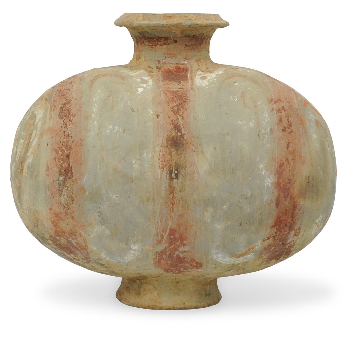 Chinese Han Dynasty Cocoon Vase: DESCRIPTION: A Chinese Han Dynasty burnished terracotta cocoon vase. With traces of decoration. ORIGIN: China DIMENSIONS: H. 10.5" x W. 10" CONDITION: Some wear consistent with age. See lot descriptio