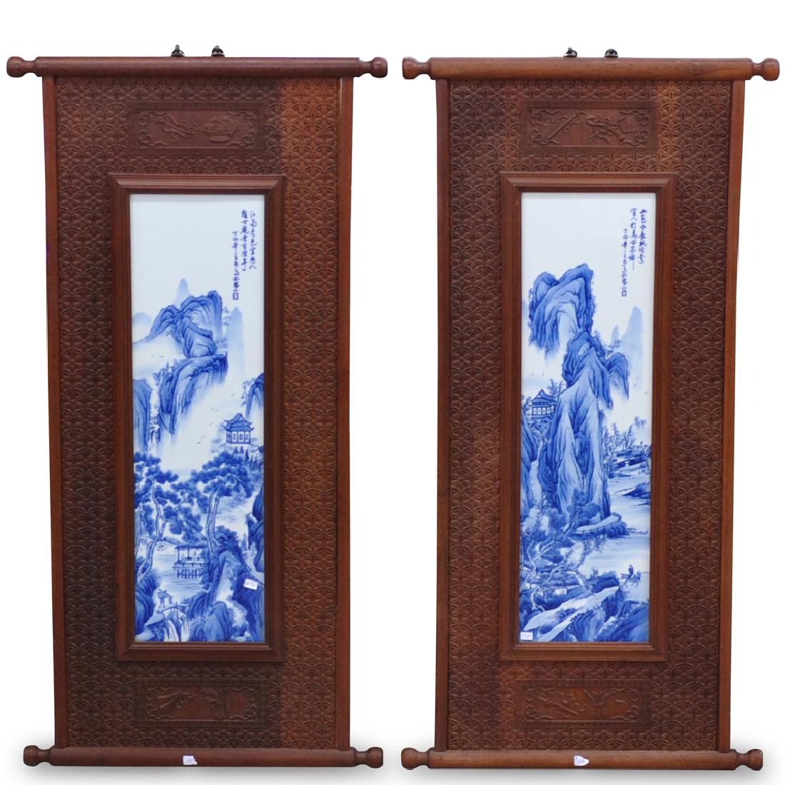 Pair of Chinese Blue and White Framed Porcelain Panels (1 of 7)