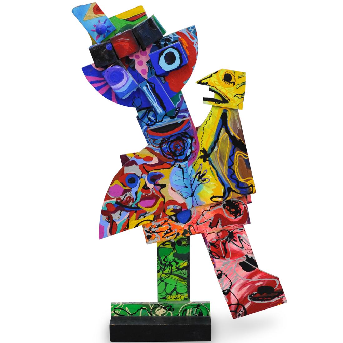 Wooden Pop Art Sculpture: DESCRIPTION: A Pop art graffiti-inspired contemporary wood and painted sculpture. Colorful and abstract, depicting a stylized figure, composed of wood and acrylic paint and mounted on a base. Unsigned