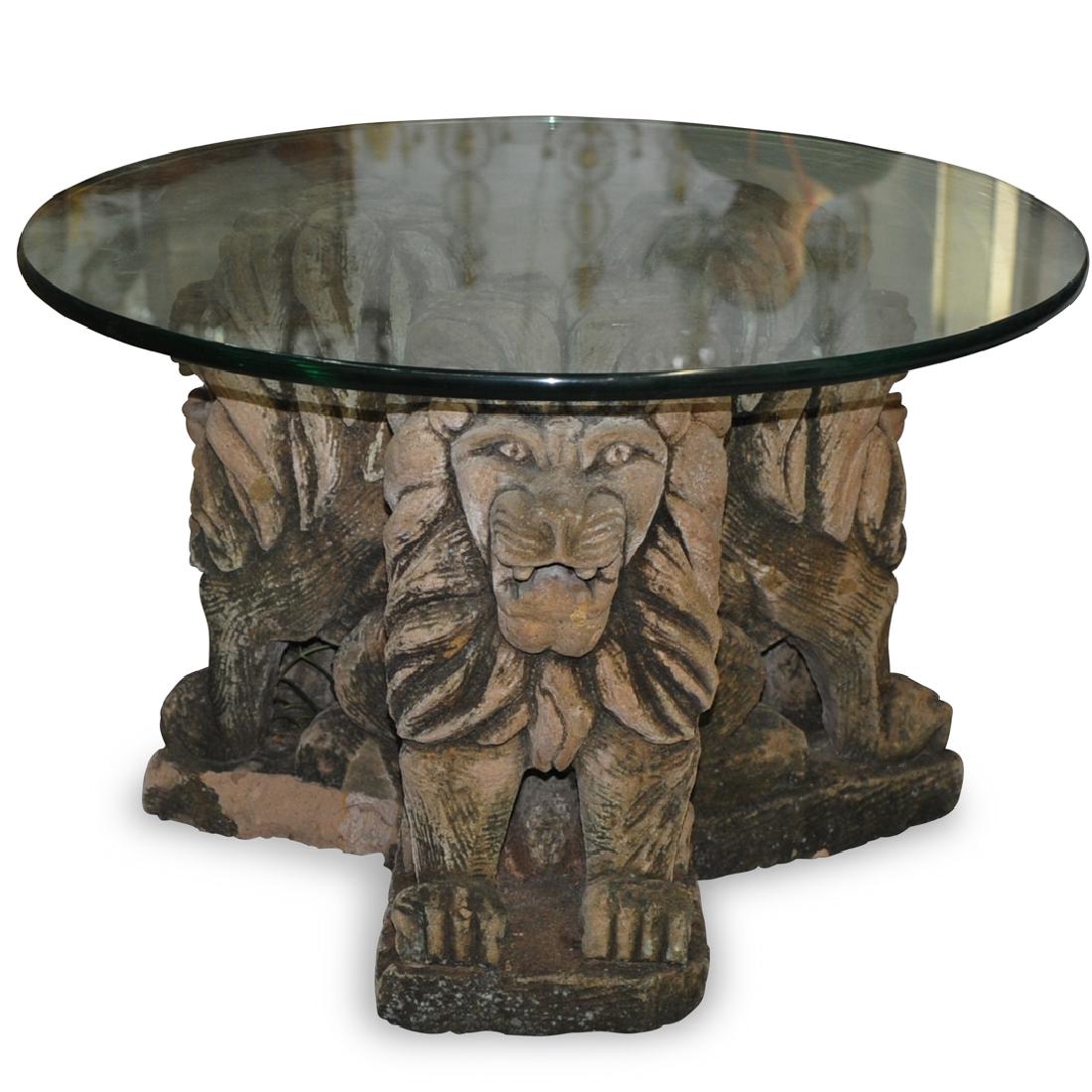 Afghan Ceramic Lion Table Base: DESCRIPTION: An Afghan ceramic table base in an overall tripod form decorated with sitting lion motifs, has some chips along the bottom. CIRCA: Late 19th to Early 20th Cent. ORIGIN: Afghanistan DIMENS