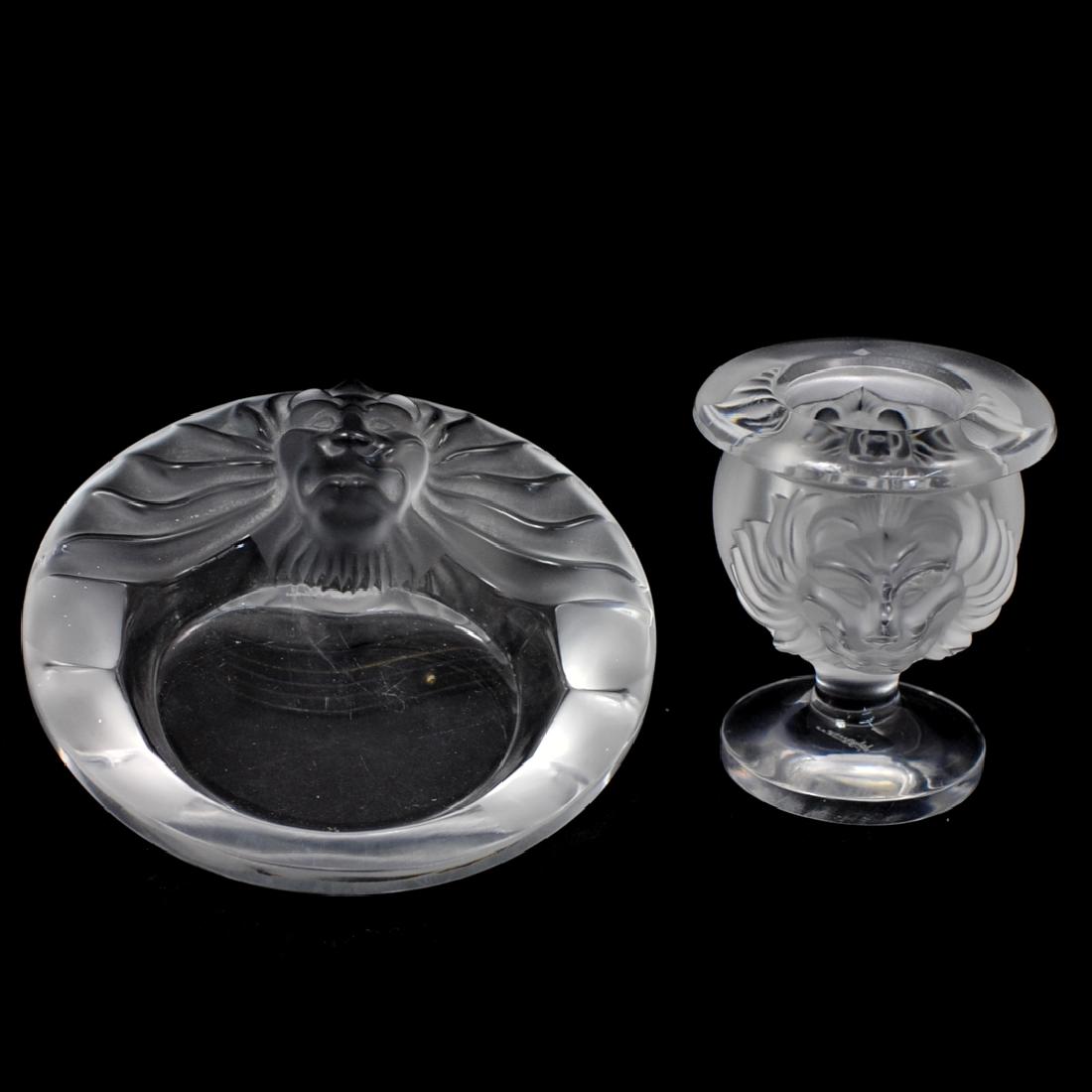 (2 Pc) Lalique "Tete De Lion" Table Lighter and Ashtray (1 of 4)