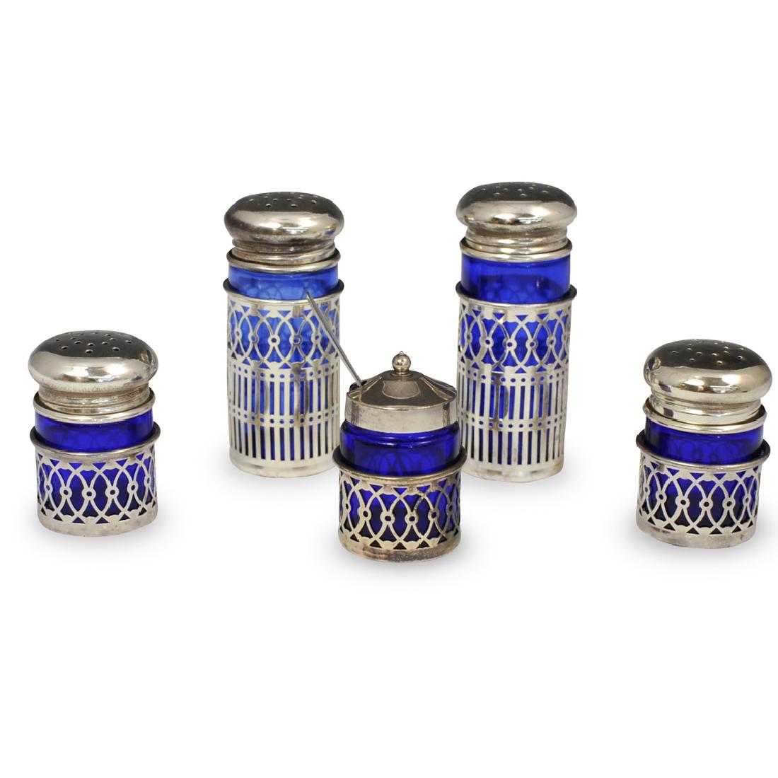 (5 Pc) Blue Glass and Silverplated Salt Shakers (1 of 5)