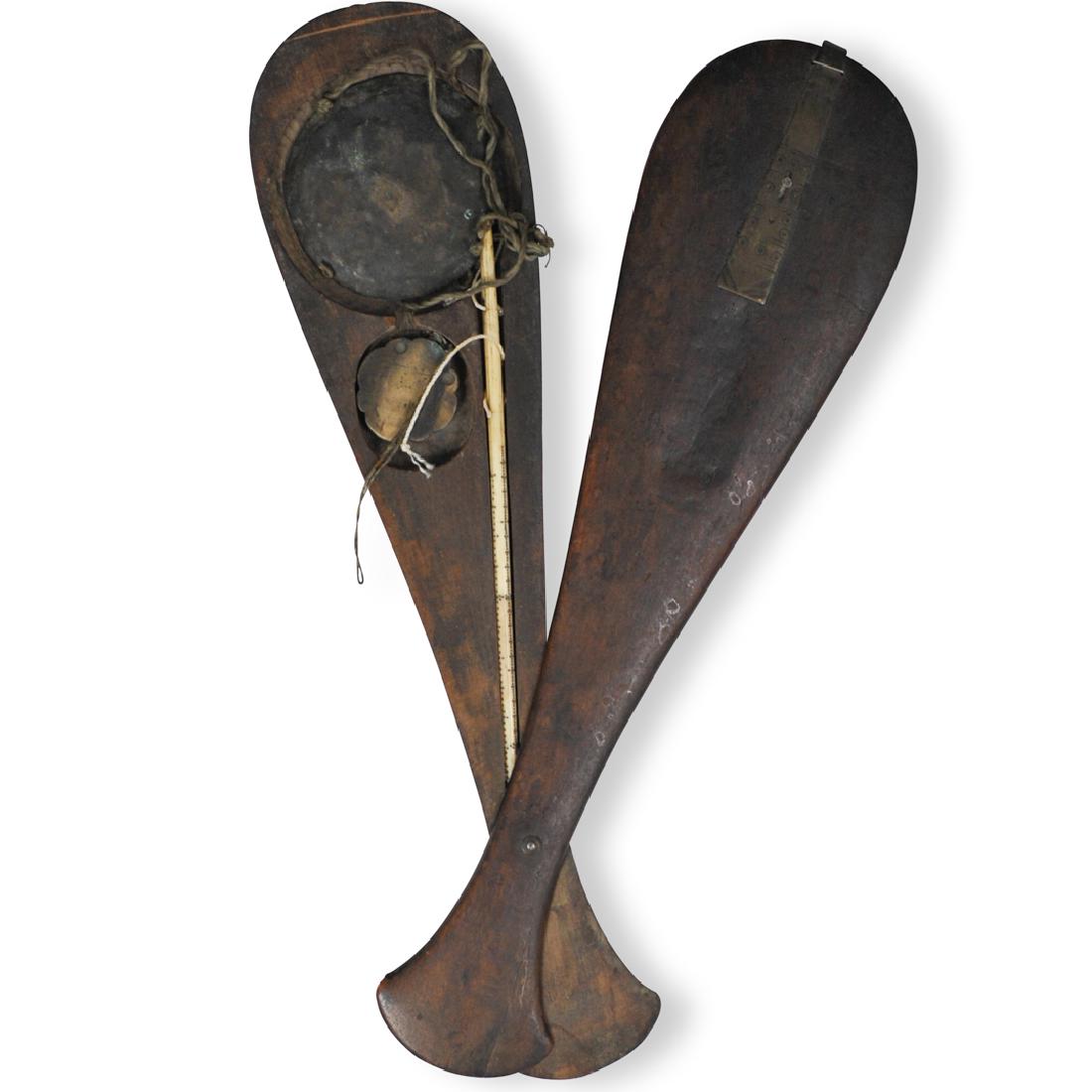 Antique Chinese Opium Scale: DESCRIPTION: An Antique Chinese opium scale, features a wooden construction with a pivoting hinged case. The case opens to reveal a measuring bone beam, an oval weight and pan. CIRCA: 19th Century ORI