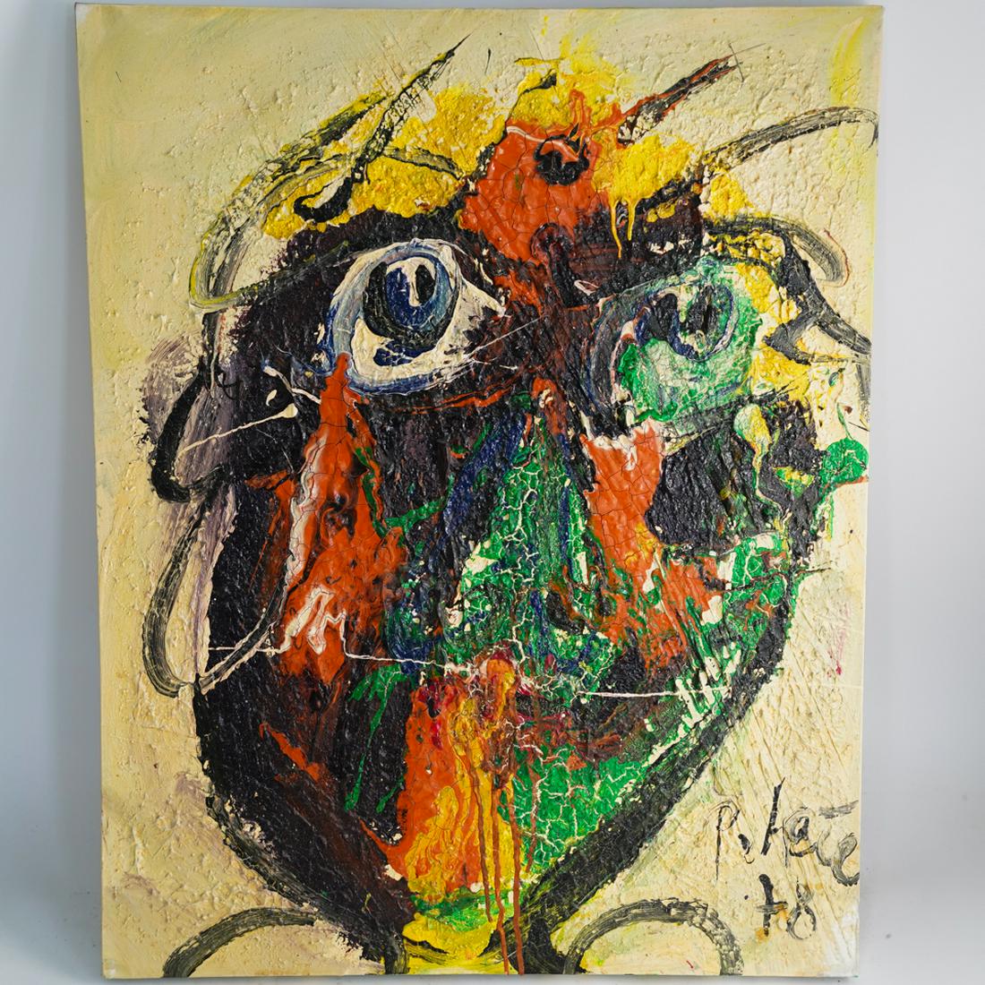 Peter Keil (German, b. 1942) Oil on Canvas: DESCRIPTION: An oil on canvas painting by Peter Keil. Depicts a stylized portrait in various colors. Signed and dated lower right, "P. Keil '78", also signed, titled and dated on the reverse. Unframed