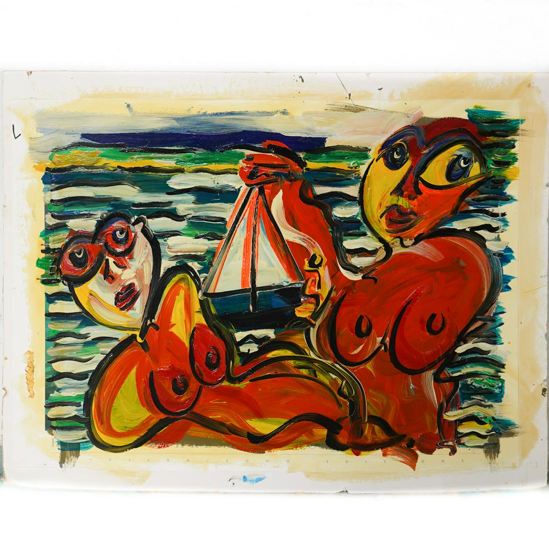 Peter Keil (German, b. 1942) Oil on Cardboard: DESCRIPTION: An oil on board composition by German artist Peter Keil. Depicts a two nude females on a beach in various colors. Signed, titled and dated on the reverse. Unframed. CIRCA: 1970s ORIGIN: G