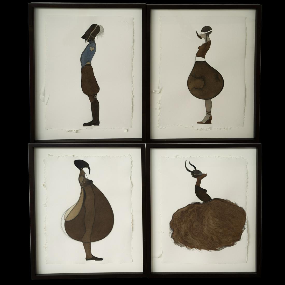 Marcia Kure (Nigerian b. 1970-): DESCRIPTION: A collection of four kolanut pigment, watercolor, and pencil drawings by Nigerian artist, Marcia Kure. Each depicts an abstract, uniformed figure. Set in wooden frames.Ã‚ PROVENANCE: P