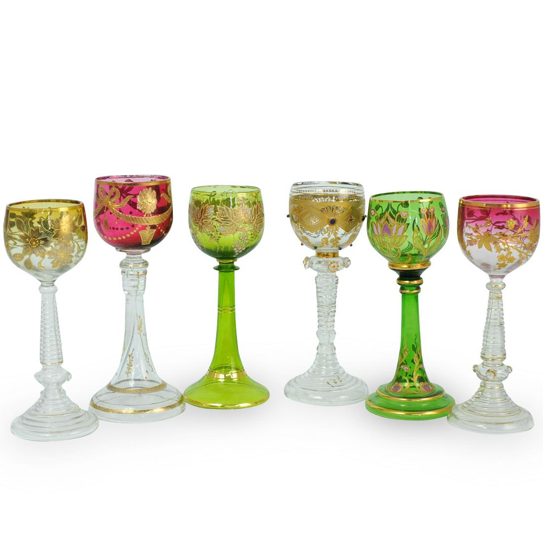 (6 Pc) Bohemian Enameled Cut Glass Stemware: DESCRIPTION: Six Bohemian and tinted gilt enamel cut to clear crystal wine goblets. In the Moser style. Includes tinted cranberry and green glasses with raised gilt decorations. No apparent markings. 