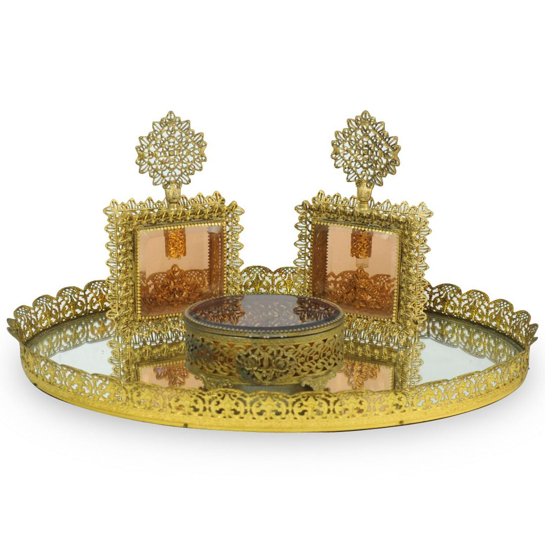 (4 Pc) Gilt Metal Vanity Set (1 of 10)