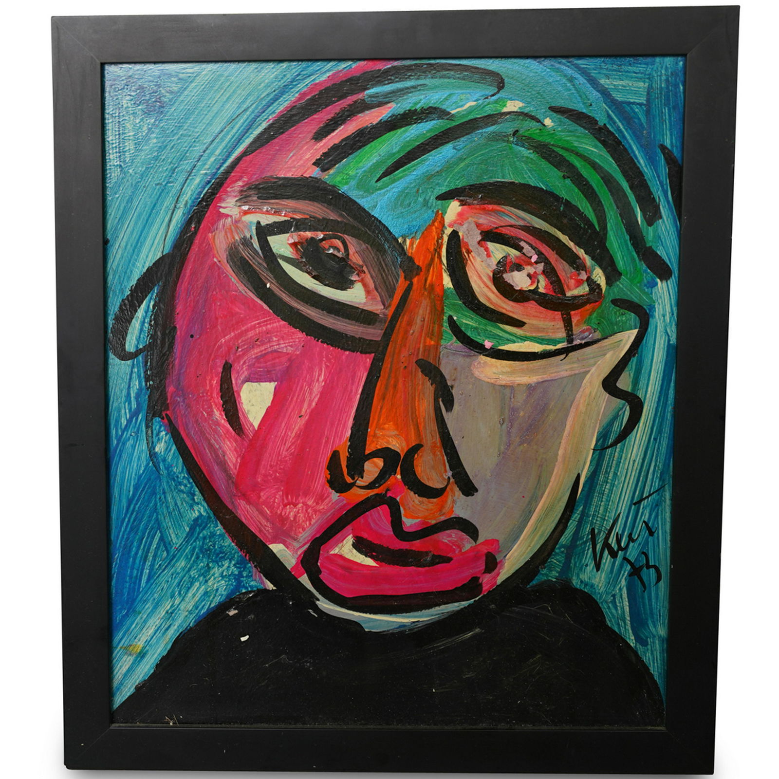 Peter Keil (German, b. 1942) Acrylic on Panel: DESCRIPTION: An acrylic on masonite board painting by German artist Peter Keil. Depicts a portrait in various colors executed in an abstract style. Signed lower right, "Peter Keil 73" CIRCA: 20th Cent