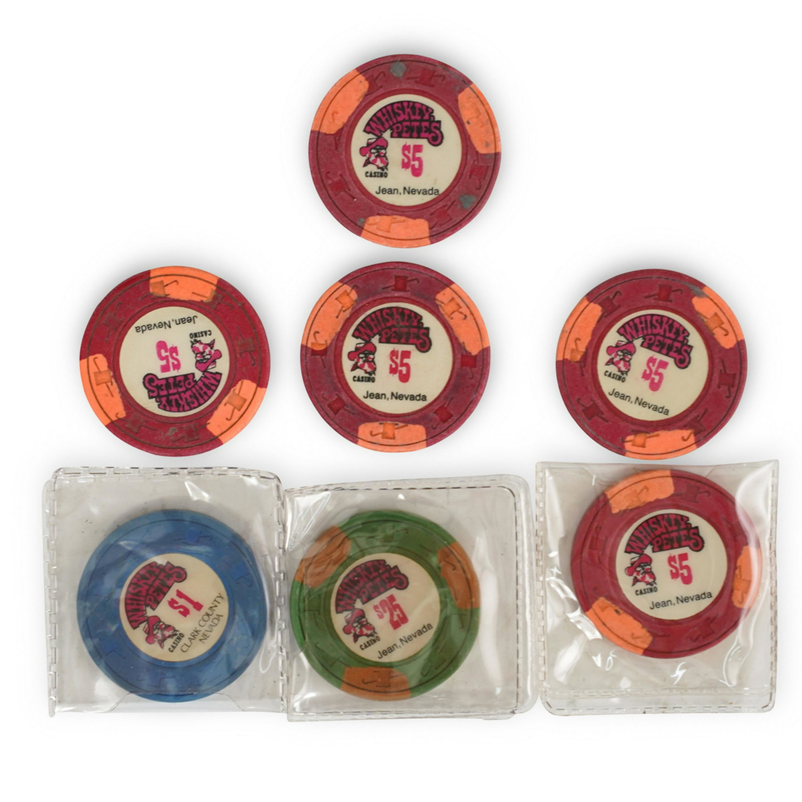 Vintage Poker Chip Collection: DESCRIPTION: A Lot of 7 Vintage Poker Chips. From "Whiskey Pete's" in Nevada. Includes: $1.00 chip, $5.00 chips, and $25.00 chip. CIRCA: Mid - Late 20th Century ORIGIN: USA DIMENSIONS: D. 1.5" CONDITI