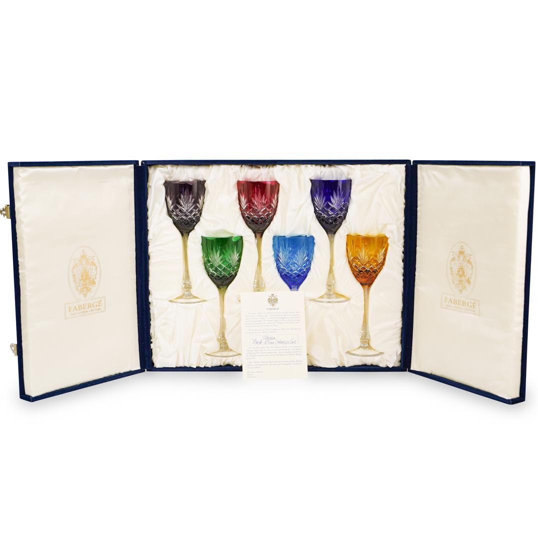(6 Pc) Faberge "Odessa Hock" Colored Crystal Glasses: DESCRIPTION: Set of Six (6) Faberge Crystal Odessa Colored Hock Wine Glasses in the original box with COA. Marked along the underside "Faberge" CIRCA: 20th Cent. ORIGIN: Russia DIMENSIONS: H: 8 1/4" C
