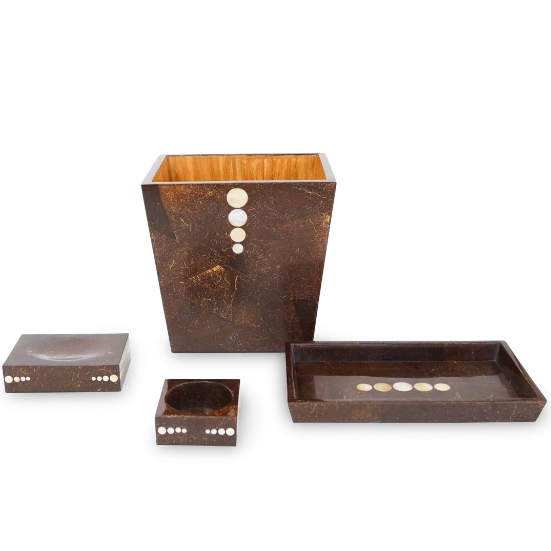 (4 Pc) R and Y Augousti Style Bone Inlay Home Decor: DESCRIPTION: A 4-piece set of bone inlaid and ebonized wood home decor, including a waste basket, perfume tray, soup dish, and tissue holder, in the style of R & Y Augousti Paris. No apparent markings