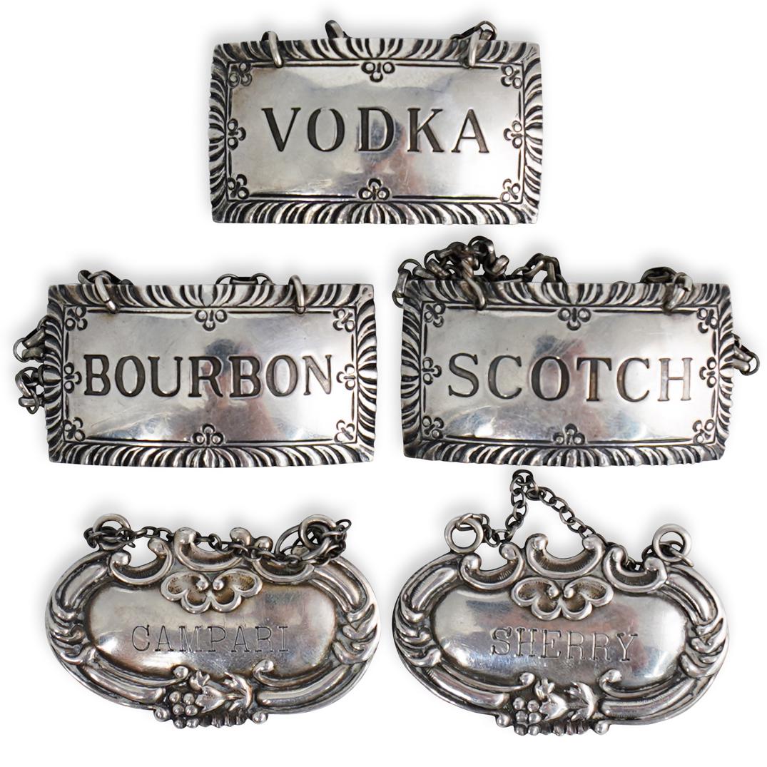 (5 Pc) Williamsburg Stieff Sterling Liquor Labels (1 of 3)