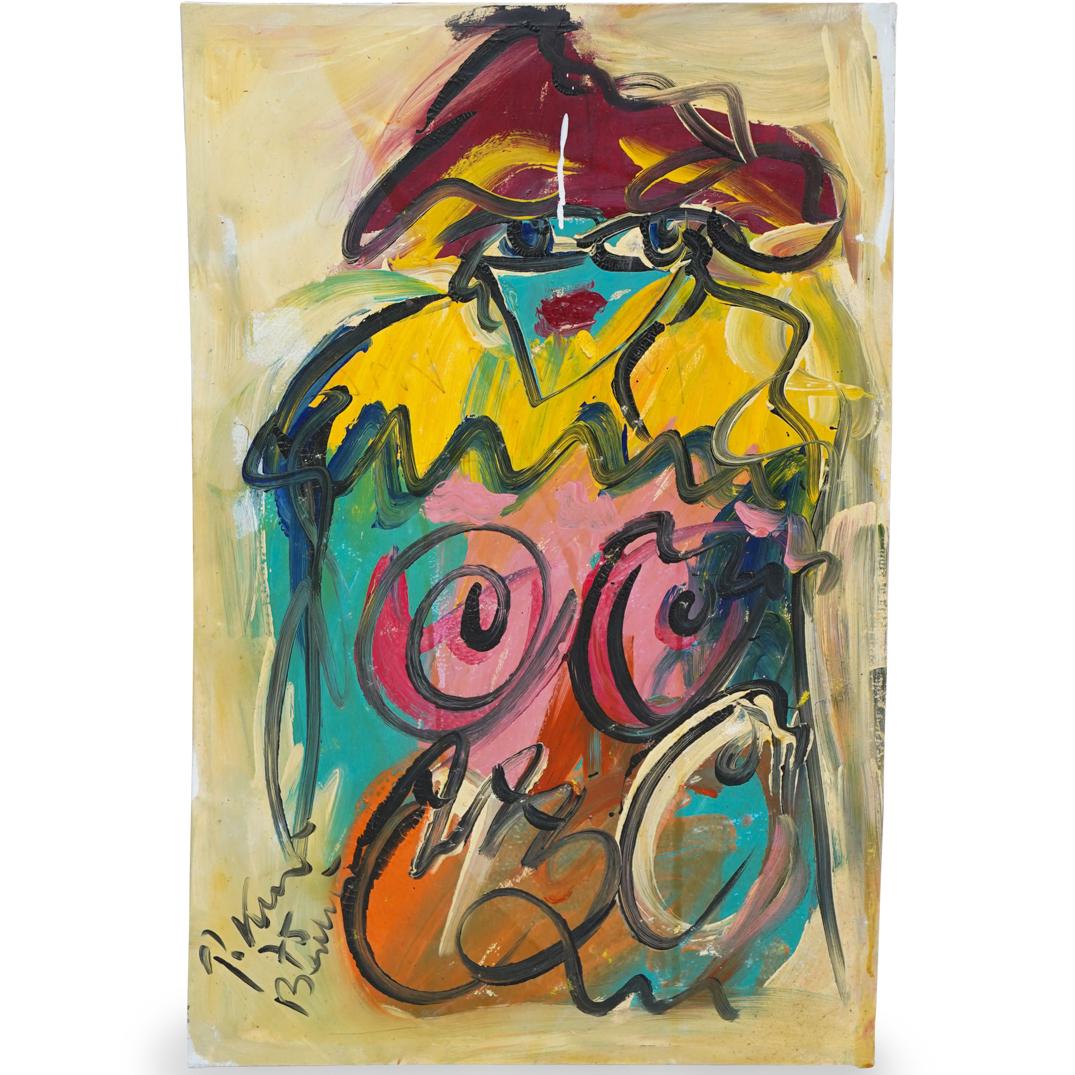 Peter Keil (German, b. 1942) Acrylic on Canvas: DESCRIPTION: An acrylic on canvas painting by German artist Peter Keil. Depicts a nude portrait in vibrant colors executed in an abstract style. Signed and dated lower right, "Keil 75". Also signed an