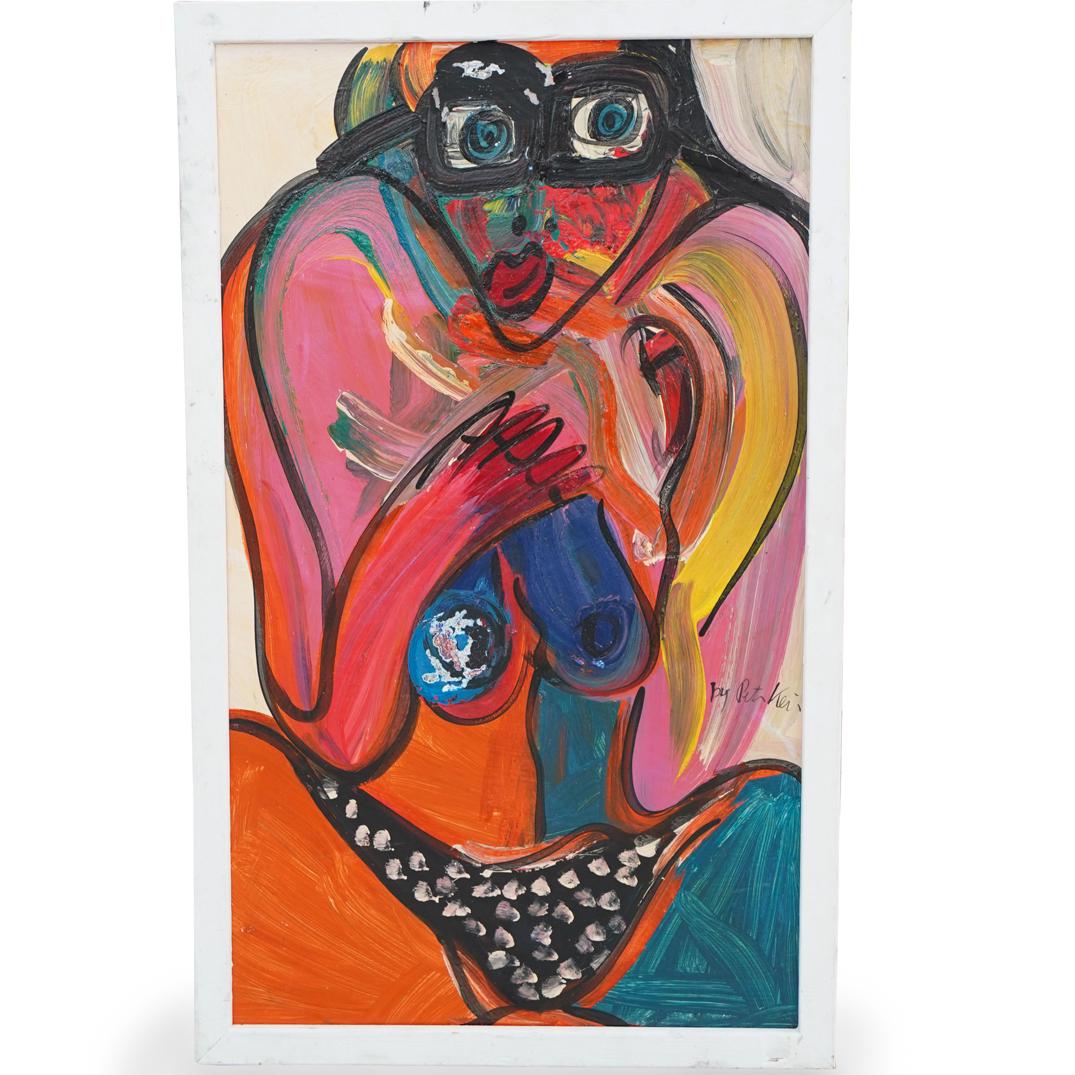 Peter Keil (German, b. 1942) Oil on Board: DESCRIPTION: An oil on board painting by German artist Peter Keil. Depicts a nude portrait in vibrant colors executed in an abstract style. Signed lower right, "Peter Keil". Framed. CIRCA: 20th Centur