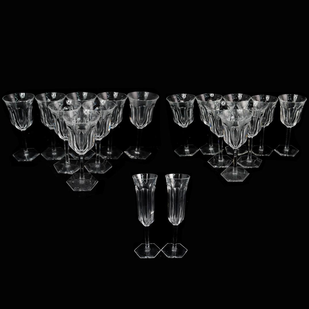 (18 Pc) Baccarat Malmaison Crystal Glasses: DESCRIPTION: A set of 18 baccarat crystal glasses embellished with the 'Malmaison" pattern. The set features 8 red wine glasses, 8 white wine glasses and 2 champagne flutes, each marked along the unde