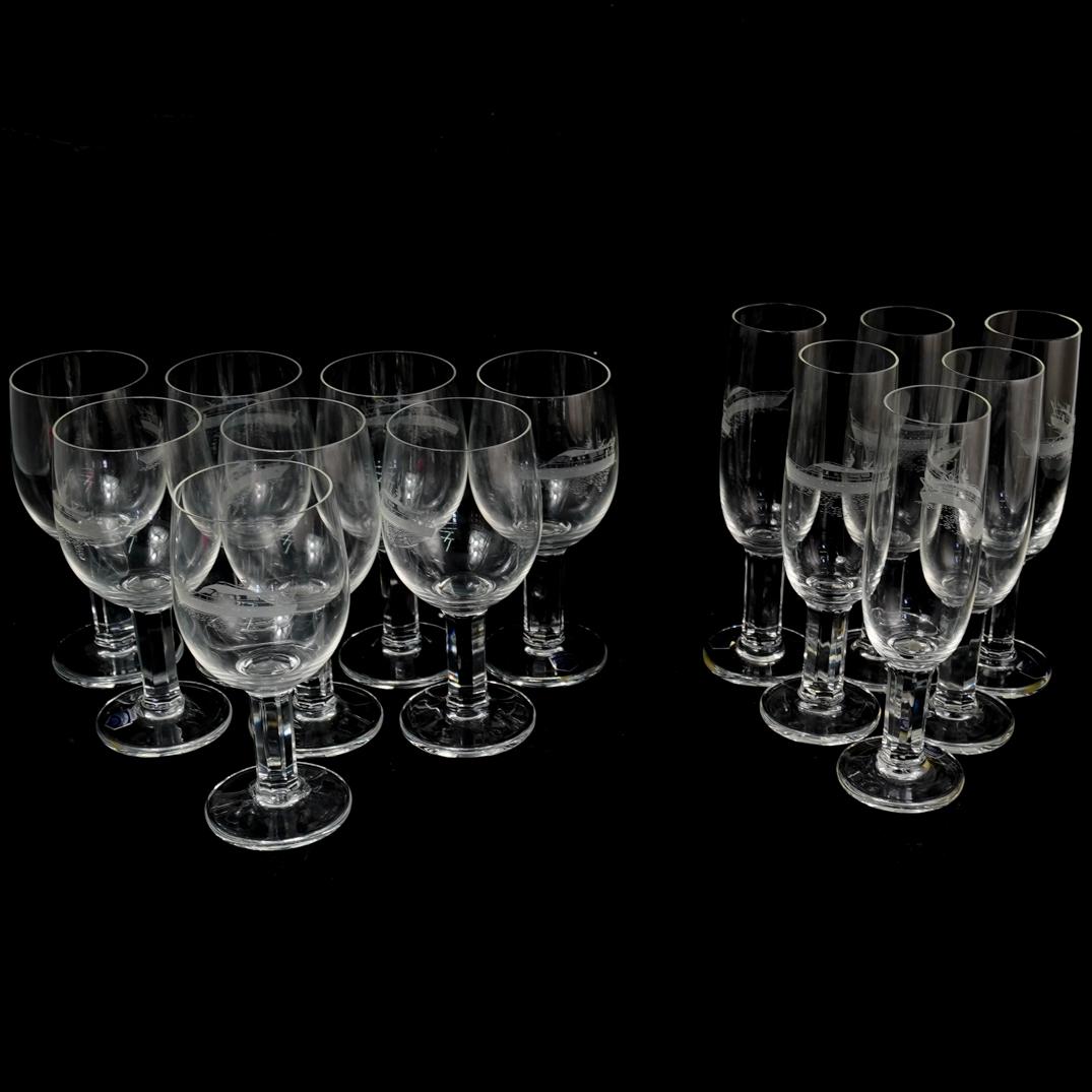 (15 Pc) Cenedese Murano Etched Stemware: DESCRIPTION: A lot of 15 Vintage Cenedese Murano Stemware. Depicts etched yacht design on each glass. Including 7 Champagne flutes and 8 Wine glasses, labeled "Murano Cenedese Vetri" CIRCA: 20th Centu