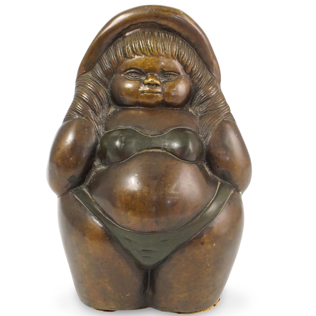 Botero Style Bronze Sculpture: DESCRIPTION: A Fernando Botero Style Bronze nude sculpture. Labeled on the underside "Crislem Regalos Bogota" CIRCA: 20th Century ORIGIN: Colombia DIMENSIONS: H. 7.75" x W. 5.5" CONDITION: Great condi