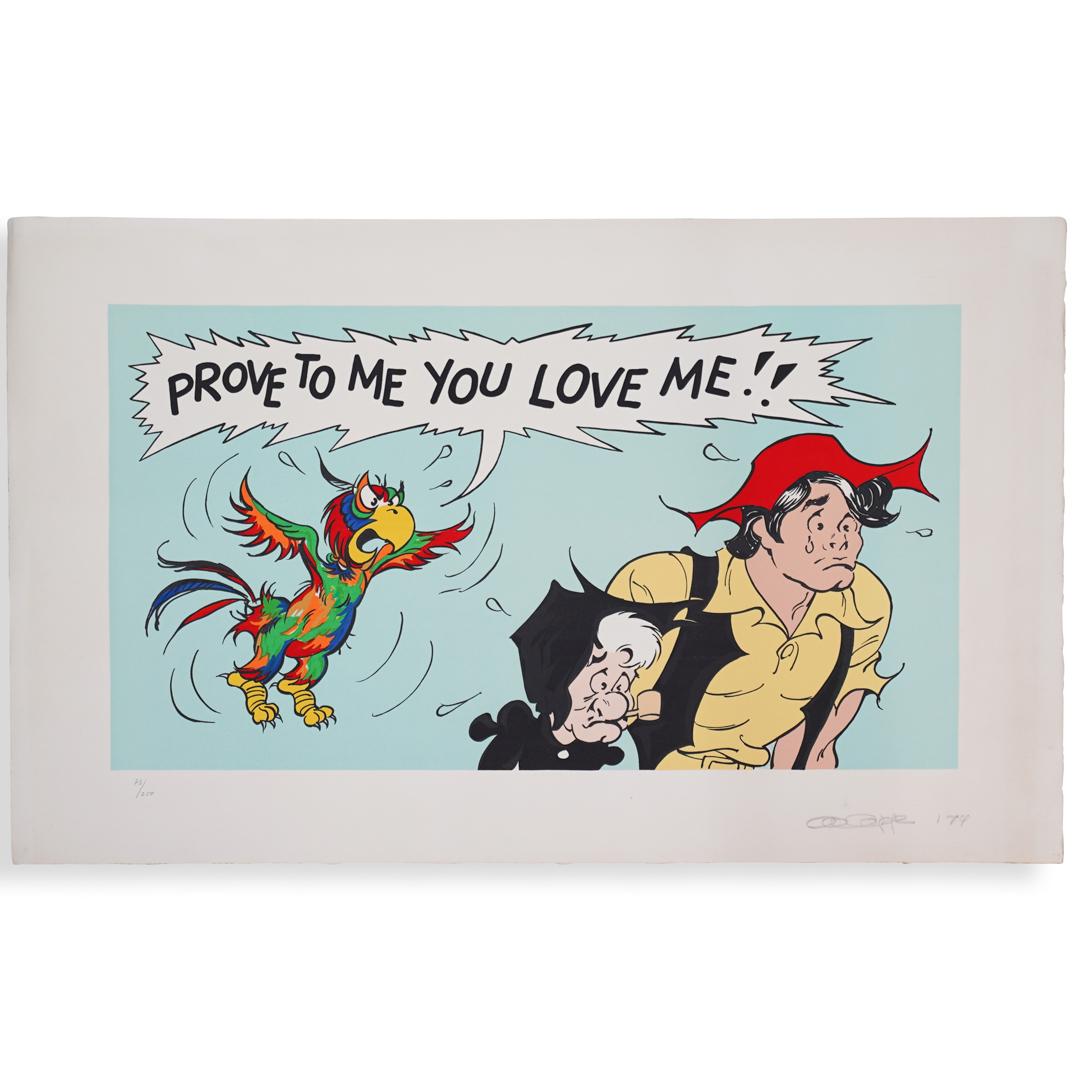 Al Capp Limited Edition Serigraph: DESCRIPTION: A limited edition color serigraph on linen paper by illustrator Al Capp (1909-1970). Depicts a flying parrot comically quoting "Prove To Me You Love Me!" with two figures. Signed, dated a