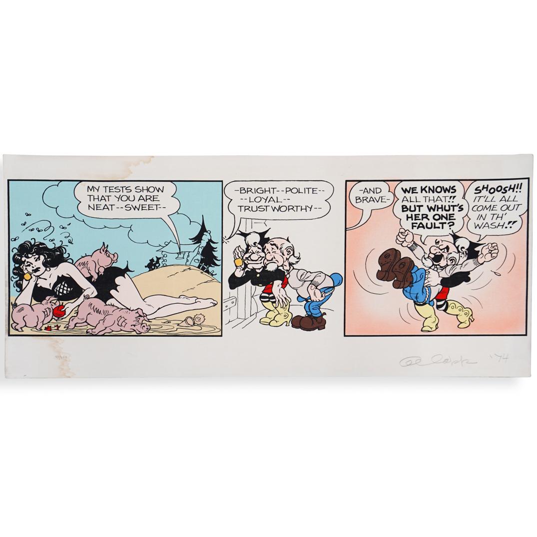 Al Capp Limited Edition Serigraph: DESCRIPTION: A limited edition color serigraph on linen paper by illustrator Al Capp (1909-1970). Features storyboard with three comically illustrations. Signed, dated and numbered "47/250". CIRCA: 19
