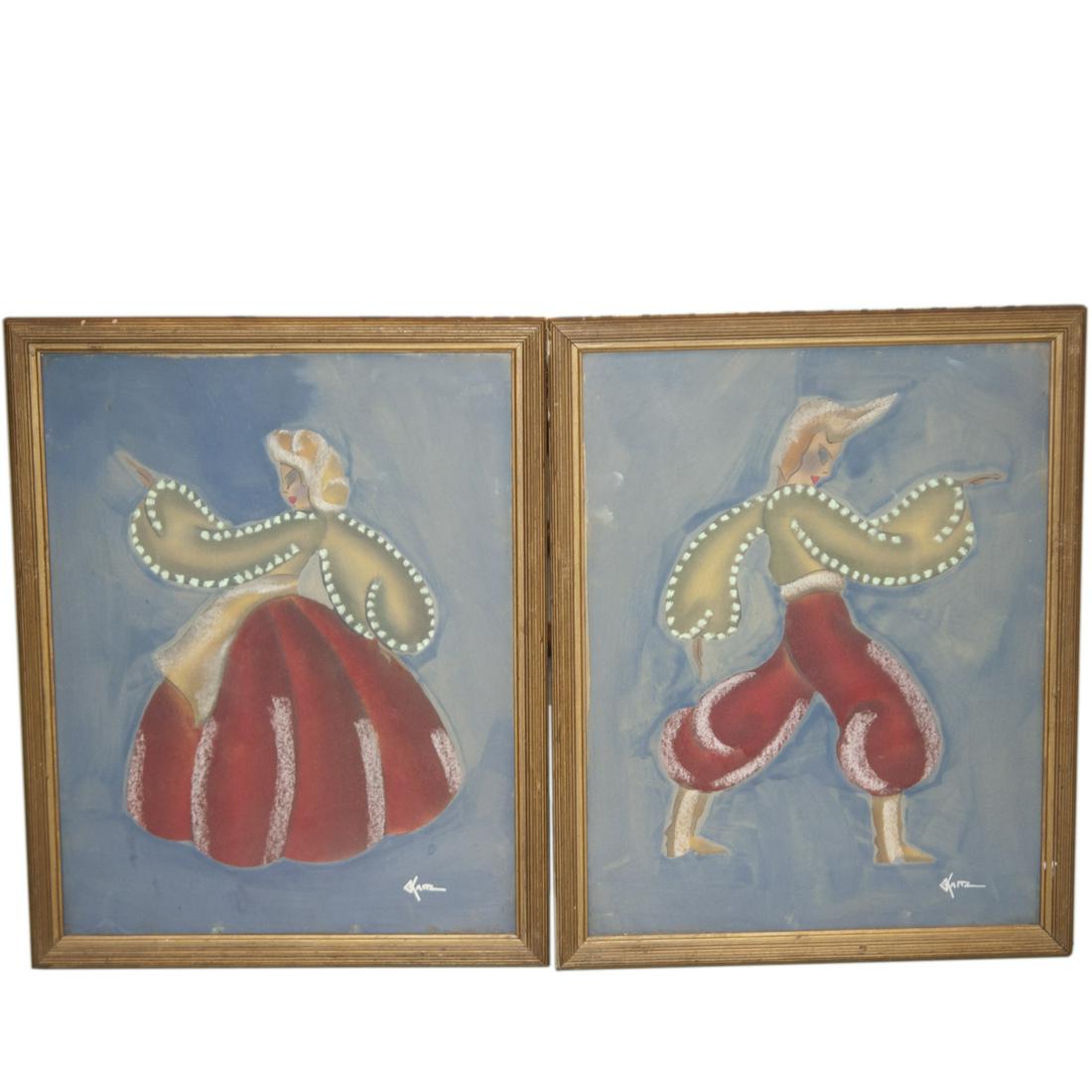 Gustave Kaitz (American 1913-1992) Paintings: DESCRIPTION: A pair of Art Deco pastel on board paintings by Gustave Kaitz. Both feature a rendering of dancers wearing matching garments, dancing with pensive faces. Finished with a blue hued backdro