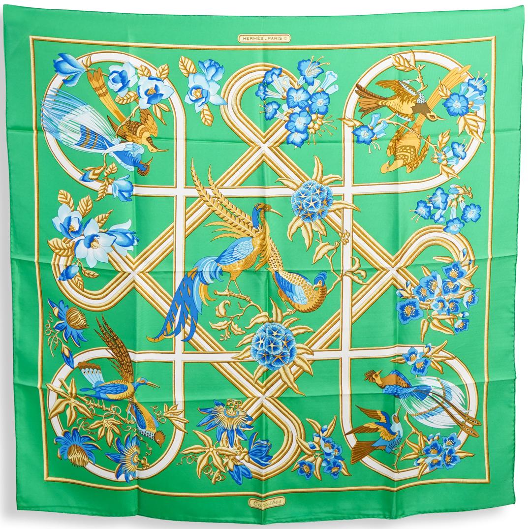 Hermes "Caraibes" Green Silk Scarf (1 of 6)