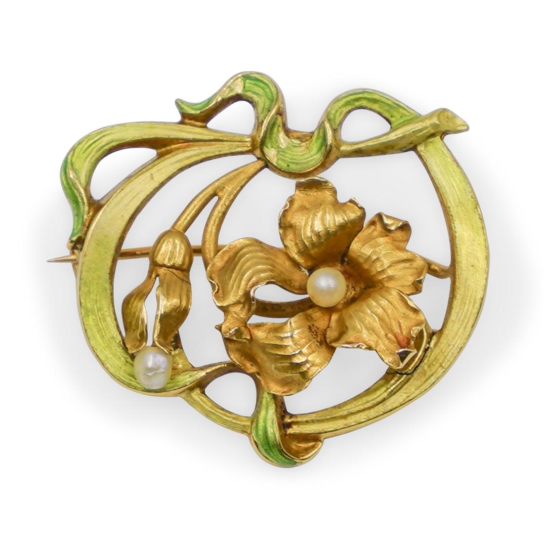14k Gold, Enamel and Pearl Floral Pin (1 of 2)