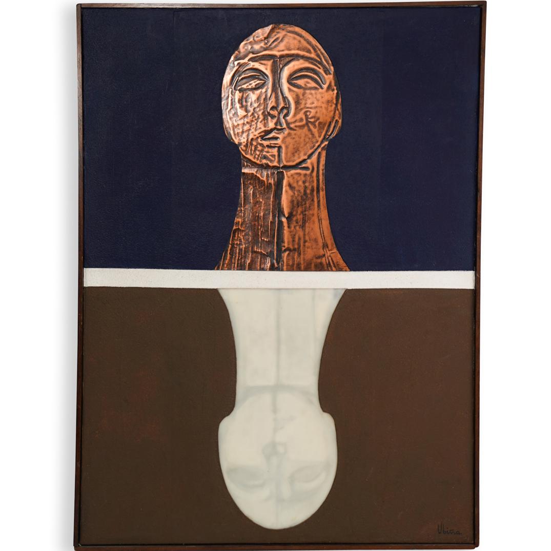 Senen Ubina (Spanish, 1923-2012) Mixed Media: DESCRIPTION: A mixed media on canvas composition by Senen Ubina. Depicting an abstract collage with a mirrored self portrait. Signed lower right. Also signed and dated on the reverse. Framed in a 1/4"