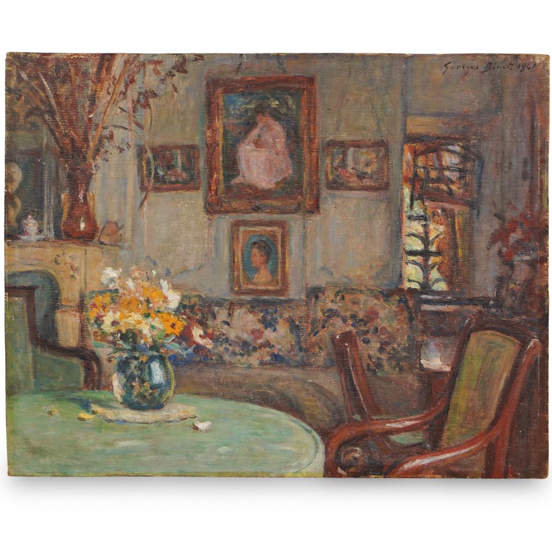 Georges Jules Ernest Binet Oil Painting: DESCRIPTION: An oil on panel painting by Georges Jules Ernest Binet (French, 1896-1949). Depicting an interior salon scene with paintings by the artist hanging on the wall. Signed and dated upper righ