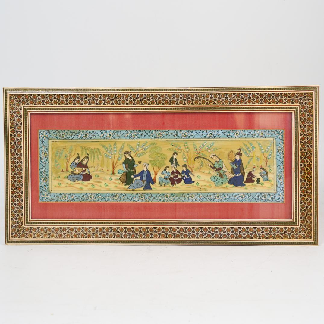 Persian Painting on Bone: DESCRIPTION: An antique Persian painting on bone. Features a depiction of regal figures in landscape being catered to by servants, and spectating performers. Finished with a traditional Persian Khatam