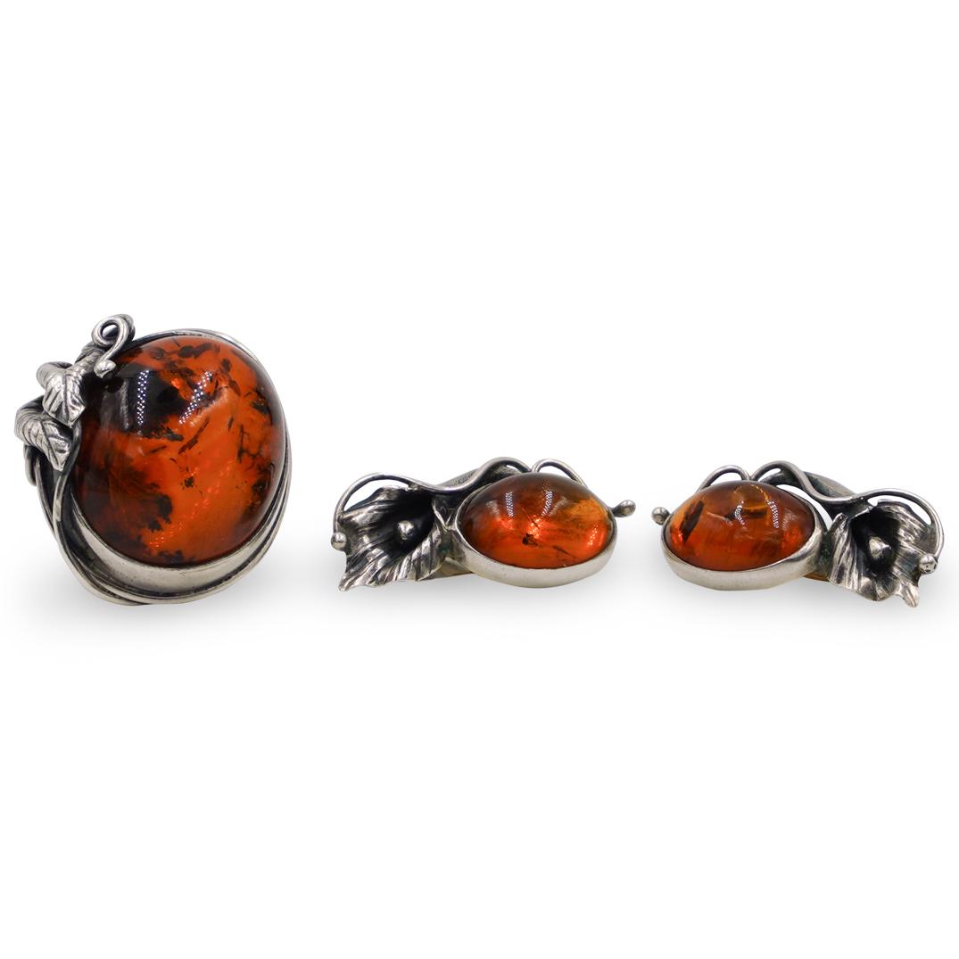 (3 Pc) Sterling Silver and Amber Jewelry Set (1 of 4)